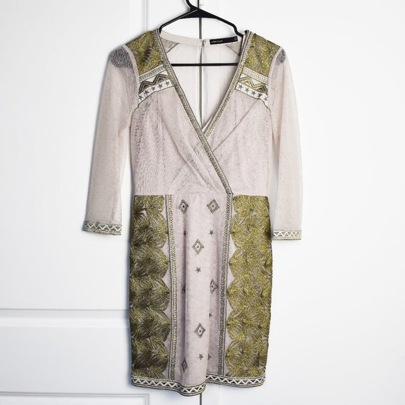 Fancy golden sheath cocktail dress S, event deep v neck dress for wedding guest - Picture 2 of 13